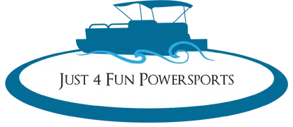 A blue and white logo for the port 4 fun powersports.