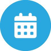 A blue and white icon of a calendar.