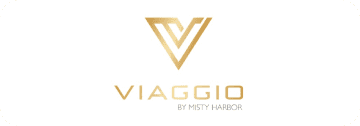 A gold logo that says viaggio by misty harbor.